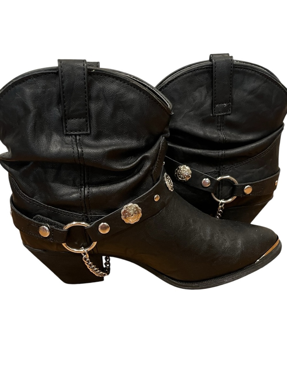 Dingo Fiona black faux leather metal conchos strap harness slouchy boots size 8